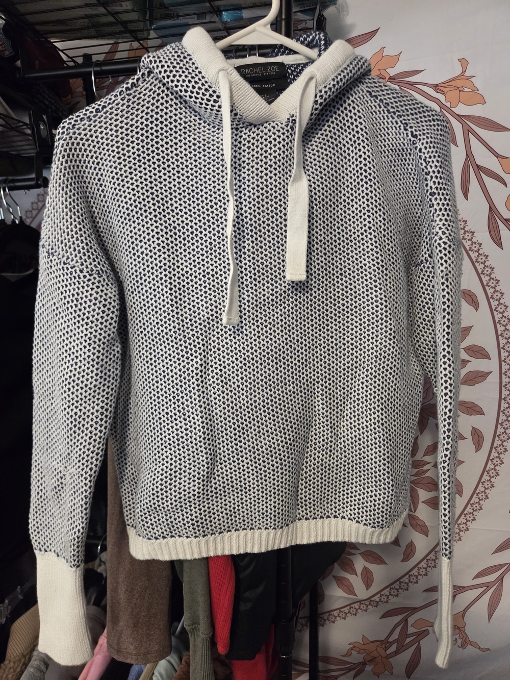 Rachel Zoe Womens Contrast Knit Hoodie Sweater - White/Navy